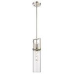 Innovations Lighting - Utopia 1 Light 15" Stem Hung Pendant, Polished Nickel, Clear Glass - Modern and geometric design elements give the Utopia Collection a striking presence. This gorgeous fixture features a sharply squared off frame, softened by a round glass holder that secures a cylindrical glass shade.