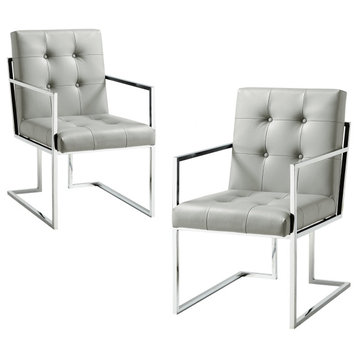 Phoebe Tufted Dining Chairs With Square Arms, Set of 2, Light Grey Pu Leather