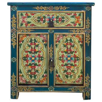 Teal Blue Light Green Tibetan Style Floral End Table Nightstand Hcs7077
