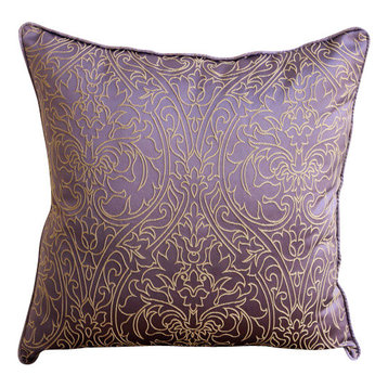 Gold Damask Embroidered Purple Art Silk 24"x24" Pillow Shams, Purple & Gold