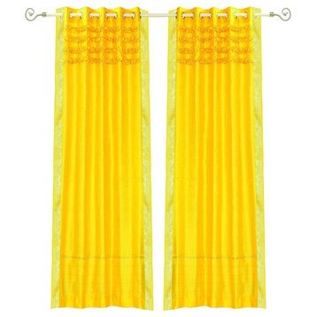 Lined-Yellow Hand Crafted Grommet Top  Sheer Sari Curtain Drape Panel-Piece