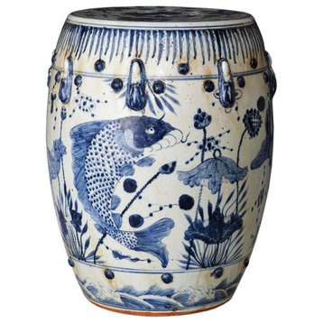 Legend of Asia Blue and White Garden Stool Fish Motif 1301