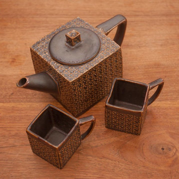 Kawung Wedang Brown Ceramic Tea Set, Set For 2