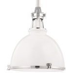 Hudson Valley Lighting - Massena, One Light 20-inch Pendant, White Polished Nickel Finish - Massena gives designer treatment to industrial lighting. We contrast the metal shade's smooth dome with the collar's strong details. Cutout vents cast upward light and reveal a pristine porcelain lamp socket. Massena's interior is fully finished in white gloss to amplify downlight, while an etched glass diffuser, secured by diamond-knurled thumbscrews, softens shadows and shield eyes from glare.
