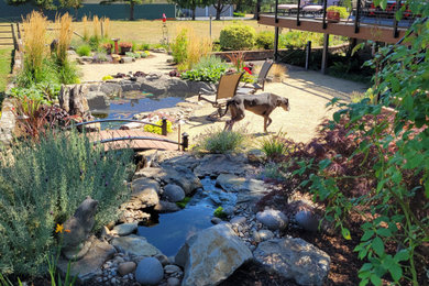Inspiration for a large mediterranean drought-tolerant and full sun backyard gravel pond for summer.