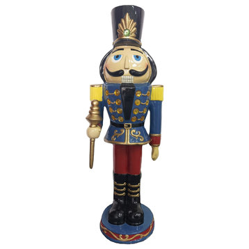 3' Nutcracker Toy Soldier Holding a Staff Resin Figurine With LED Lights, Blue