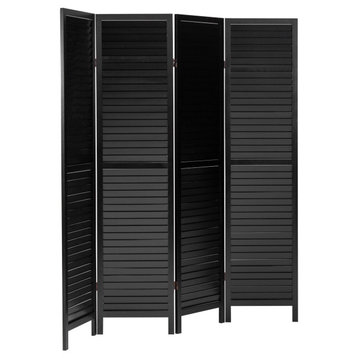 Classic Room Divider, Pine Wood Frame With Louvered Screens, Black, 4 Panels