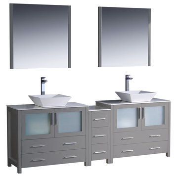 84" Gray Modern Double Sink Bathroom Vanity w/ Side Cabinet & Vessel Sinks