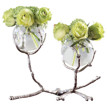 Twig Branch Metal Glass Bud Vase, Silver Double Centerpiece Sculpture