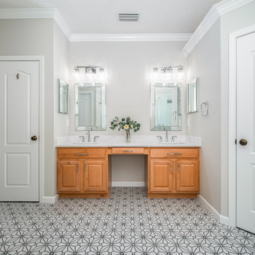 Symmetrical Double Vanity Layout with Updated Lighting
