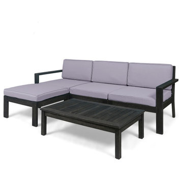 Makayla Ana Outdoor 3 Seater Acacia Wood Sofa Sectional With Cushions, Dark Gray