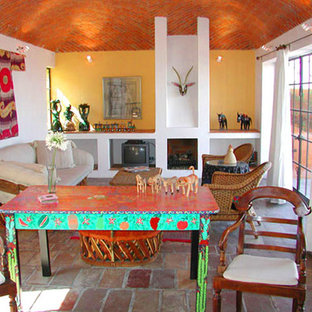 Idéer för att renovera ett mellanstort funkis separat vardagsrum, med tegelgolv