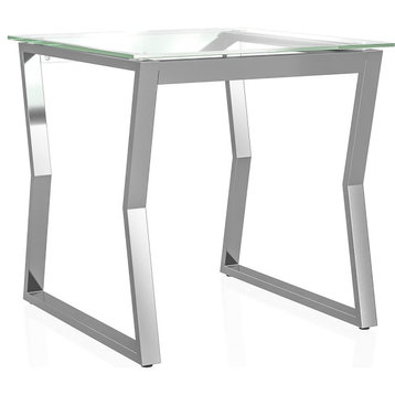 Contemporary End Table, Hourglass Shaped Legs With Tempered Glass Top, Chrome