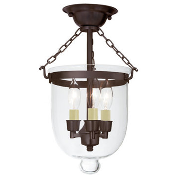 Jaylin Small Semi Flush Bell Jar Lantern With Clear Glass, Oil rubbed bronze