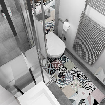 Vue sur le WC et le calepinage en carreaux ciment
