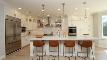 White Kitchen with Floating Wall Shelves & fireplace