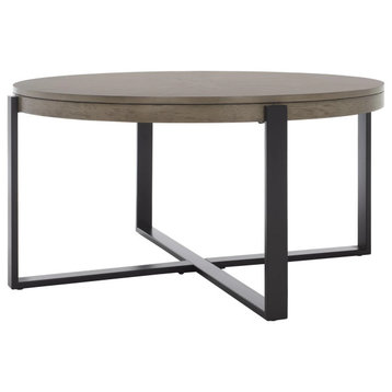 Contemporary Coffee Table, Crossed Base With Round Wooden Top, Light Gray/Black