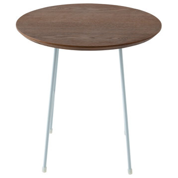 LeisureMod Rossmore Modern Round Side Table With White Steel Frame, Walnut