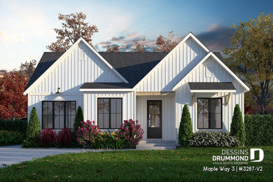 Mid-sized cottage white one-story wood and board and batten exterior home photo in Montreal with a shingle roof and a gray roof