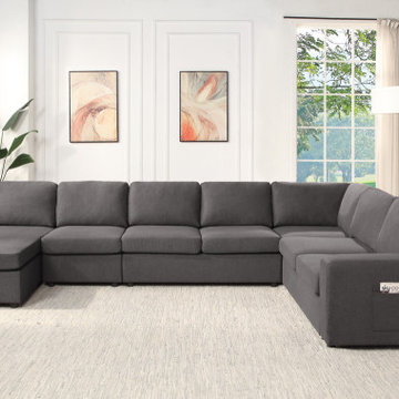 Waylon 145.5" Gray Linen 7-Seater U-Shape Sectional Sofa Chaise with Pocket
