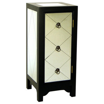 34 Inch Wood And Mirror Storage Chest With 1 Door, Black