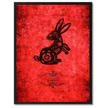 Rabbit Chinese Zodiac Red Print on Canvas with Picture Frame, 28"x37"