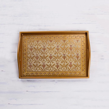 Handmade Golden Flowers Reverse painted glass tray - Peru