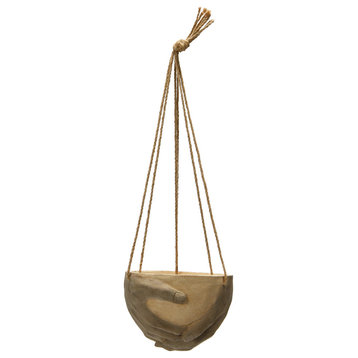 Hanging Resin and Cement Planter With Hands and Jute Hanger