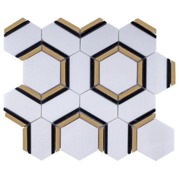 TNDOG-09 Hexagon White Marble Gold Metal Stainless Steel Backsplash Tile, Sample Swatch