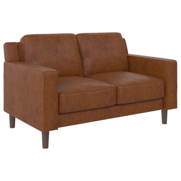 Loveseat, Tapered Legs & Comfortable Seat With Padded Arms, Camel Faux Leather