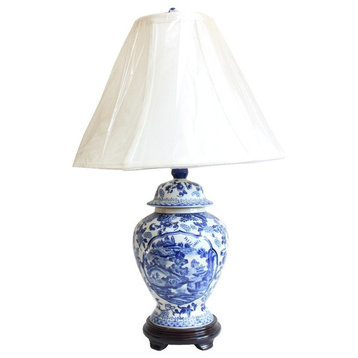 Blue and White Blue Willow Porcelain Temple Jar Table Lamp 21"