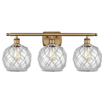 Farmhouse 3-Light Bath Vanity-Light, Brushed Brass, Clear Glass With White Rope