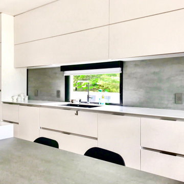 Minimal Modern White + Gray Stone Kitchen: Nobleton, ON