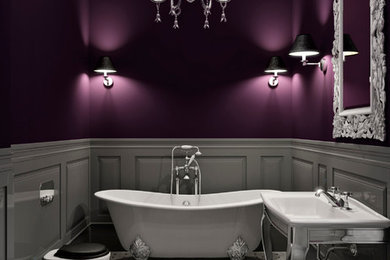 Mid-sized trendy master white tile and ceramic tile ceramic tile and white floor freestanding bathtub photo in Tampa with a wall-mount sink, granite countertops, a bidet and purple walls