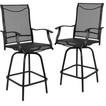 Set of 2 Outdoor Bar Stool, Swiveling Sling Fabric Seat With Curved Arms, Black