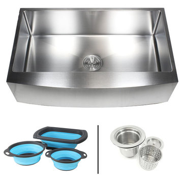 36" Apron Stainless Steel Curve Front Single Bowl Kitchen Sink With Colanders
