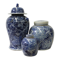 Chinese Set of 3 Blue White Abstract Flower Temple Ginger Jars cs3063 - Decorative Jars And Urns