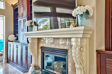 Family room - mid-sized shabby-chic style family room idea in Miami with yellow walls and a tile fireplace