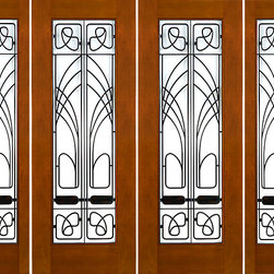 Prehung Prehung 2-1/4" Art Nouveau Mahogany Double Doors Sidelites Low-E Iron Wo - Front Doors