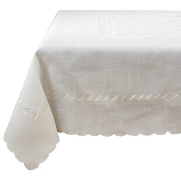Abigail Collection Embroidered Braid Pattern Linen Tablecloth, 67"x120"