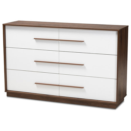 Kaila Mid-Century Modern White and Walnut 6-Drawer Wood Dresser