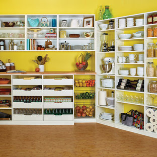 Mid-sized contemporary kitchen pantry in Philadelphia with open cabinets, white cabinets, medium hardwood floors and brown floor.