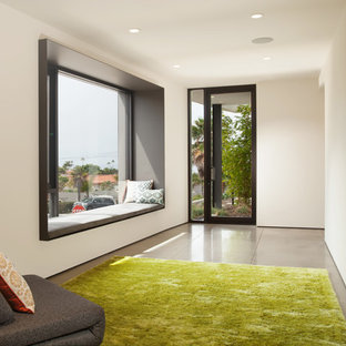 Inspiration för mellanstora moderna allrum med öppen planlösning, med ett finrum, vita väggar, linoleumgolv och grått golv