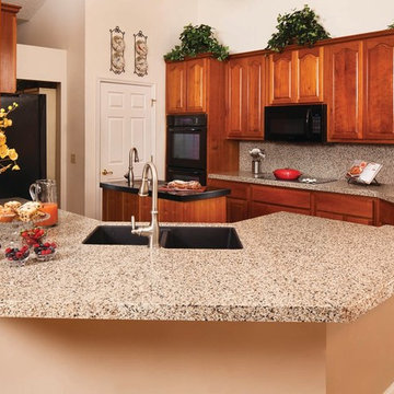 Transitional kitchen with recycled counter material