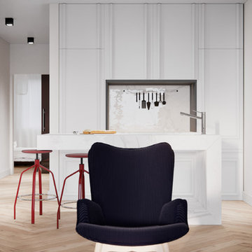 Neo-minimal front view to the white kitchen