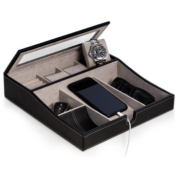 Black Leather Valet Tray, Multi-Comparment Storage