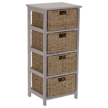 Storage Chest of 4 Drawers White Sollid Wood and Natural Wicker Baskets