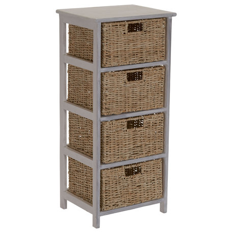 Storage Chest of 4 Drawers White Sollid Wood and Natural Wicker Baskets