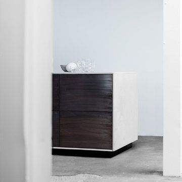Concrete counter and brass "tarnished" kitchen drawers