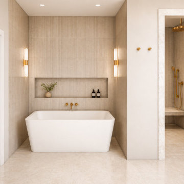 Primary bath with freestanding soaking tub, brass filler and adjoining walk-in s